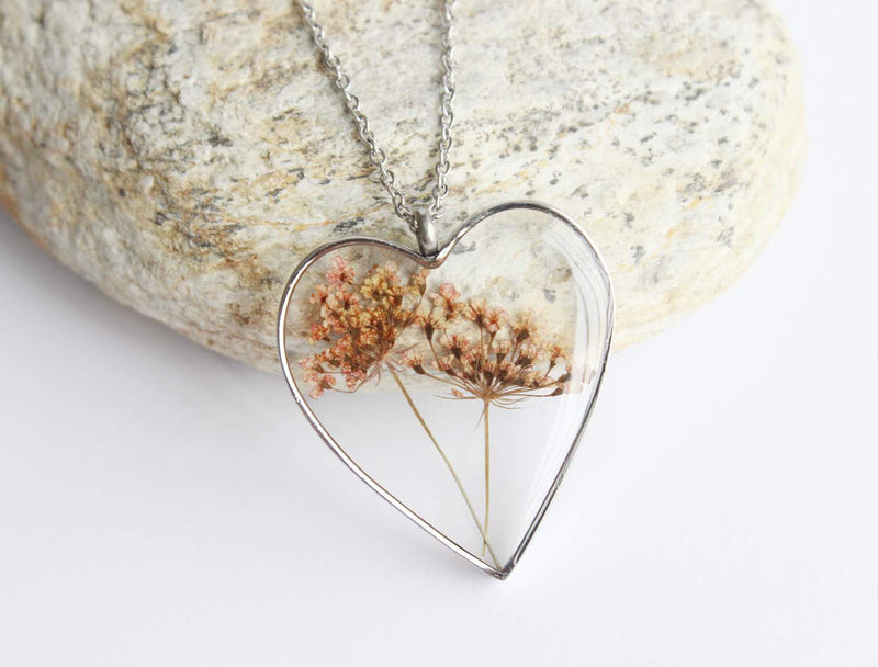 Heart Pressed Flower Pendant Necklace, Real Dried Flower Resin Jewellery