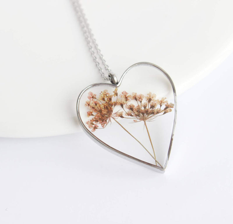 Heart Pressed Flower Pendant Necklace, Real Dried Flower Resin Jewellery