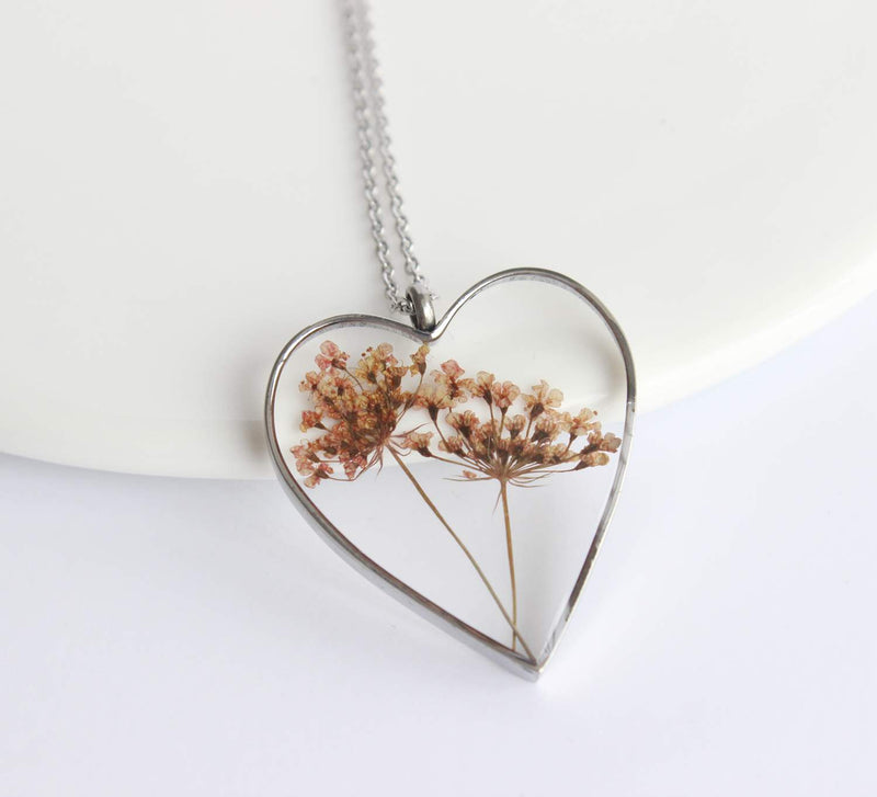 Heart Pressed Flower Pendant Necklace, Real Dried Flower Resin Jewellery