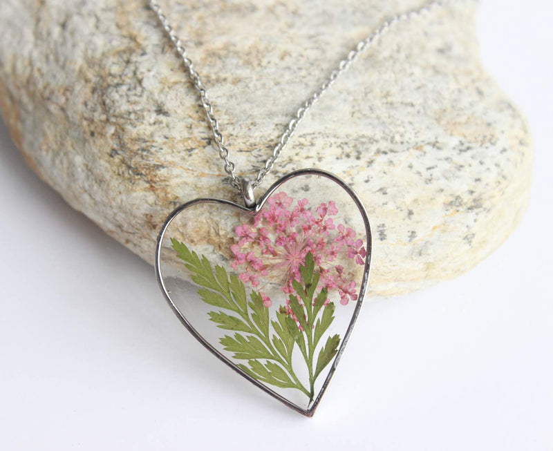 Heart Pressed Flower Pendant Necklace, Real Dried Flower Resin Jewellery