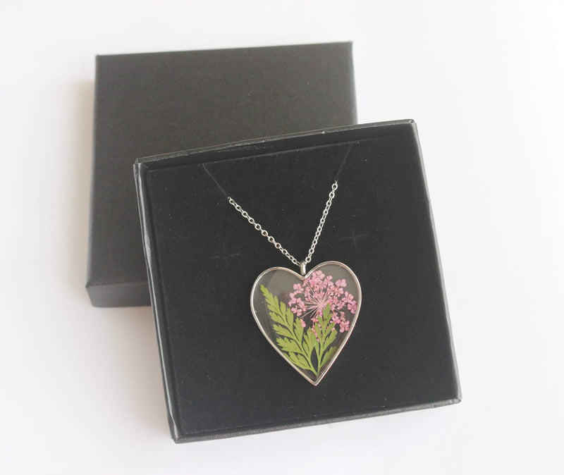 Heart Pressed Flower Pendant Necklace, Real Dried Flower Resin Jewellery