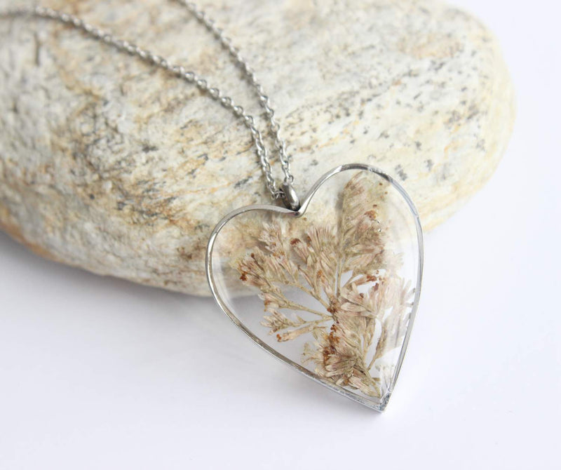 Heart Pressed Flower Pendant Necklace, Real Dried Flower Resin Jewellery