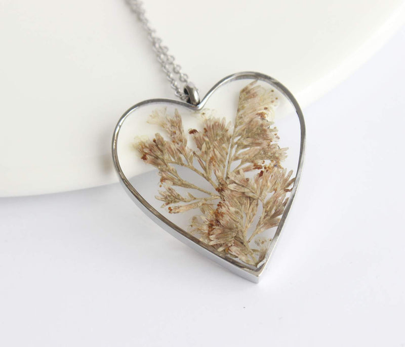 Heart Pressed Flower Pendant Necklace, Real Dried Flower Resin Jewellery