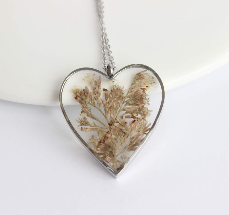 Heart Pressed Flower Pendant Necklace, Real Dried Flower Resin Jewellery