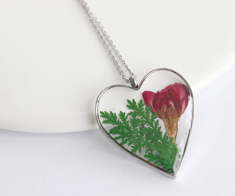 Heart Pressed Flower Pendant Necklace, Real Dried Flower Resin Jewellery