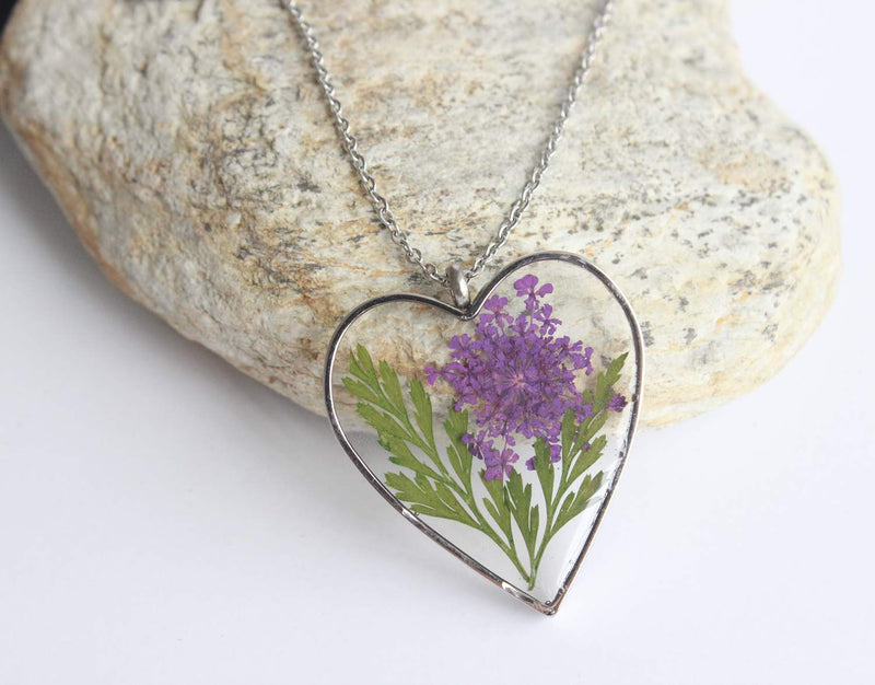 Heart Pressed Flower Pendant Necklace, Real Dried Flower Resin Jewellery