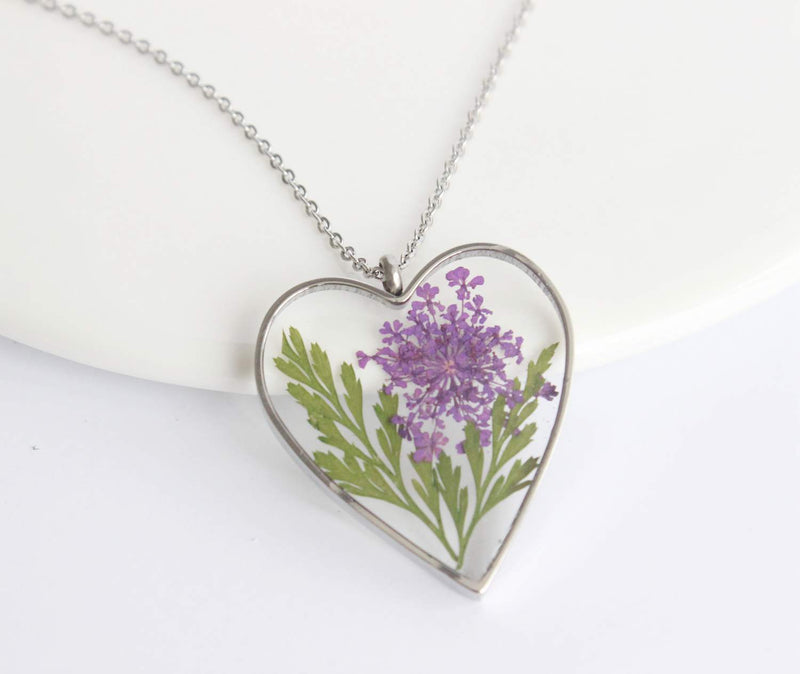 Heart Pressed Flower Pendant Necklace, Real Dried Flower Resin Jewellery