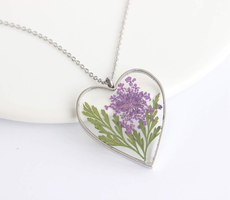 Heart Pressed Flower Pendant Necklace, Real Dried Flower Resin Jewellery