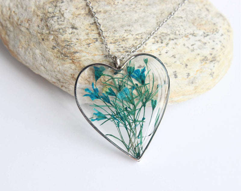 Heart Pressed Flower Pendant Necklace, Real Dried Flower Resin Jewellery