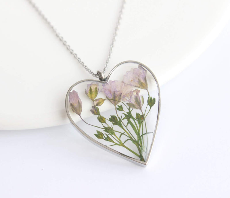 Heart Pressed Flower Pendant Necklace, Real Dried Flower Resin Jewellery