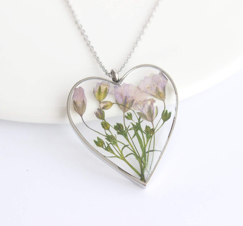 Heart Pressed Flower Pendant Necklace, Real Dried Flower Resin Jewellery