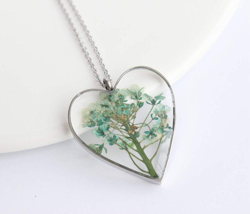 Heart Pressed Flower Pendant Necklace, Real Dried Flower Resin Jewellery