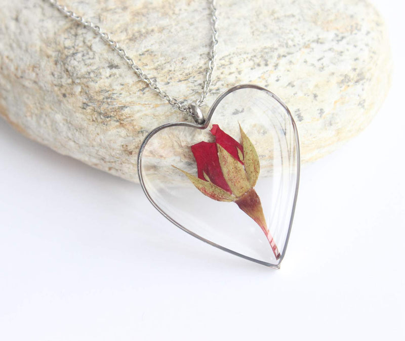 Heart Pressed Flower Pendant Necklace, Real Dried Flower Resin Jewellery