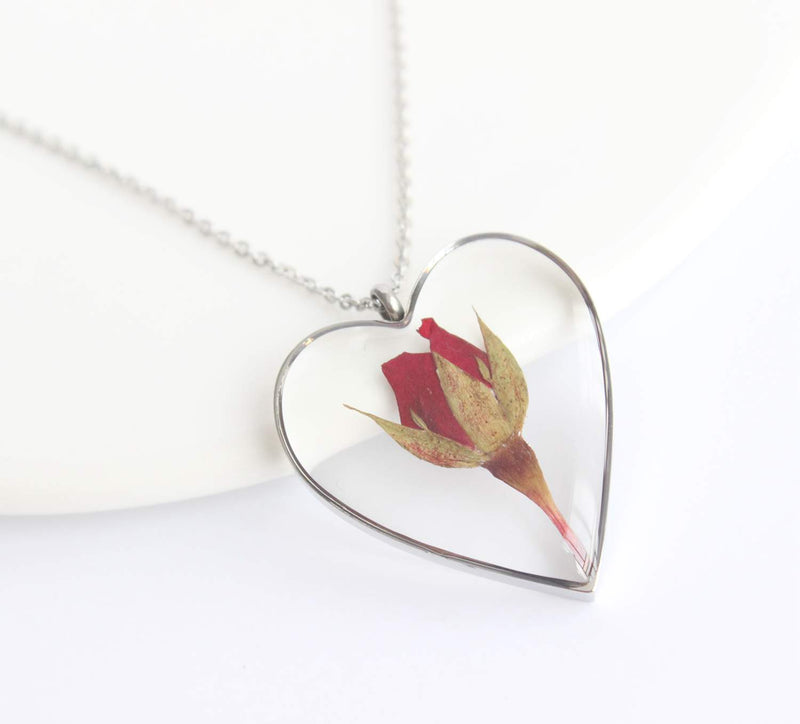 Heart Pressed Flower Pendant Necklace, Real Dried Flower Resin Jewellery