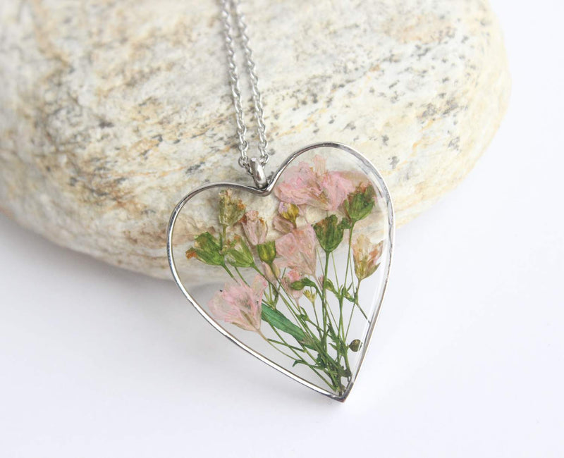 Heart Pressed Flower Pendant Necklace, Real Dried Flower Resin Jewellery