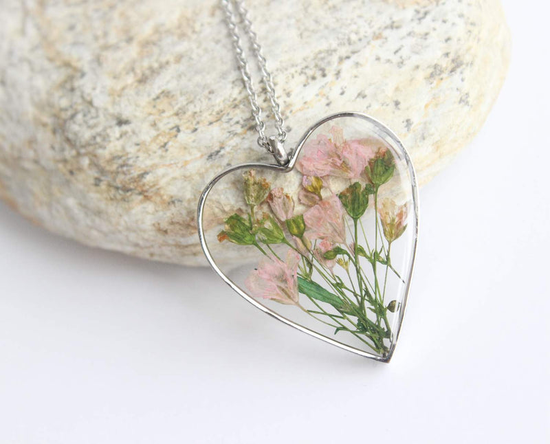 Heart Pressed Flower Pendant Necklace, Real Dried Flower Resin Jewellery