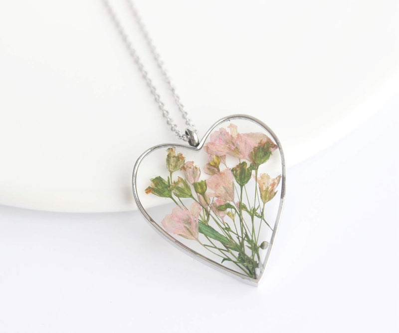 Heart Pressed Flower Pendant Necklace, Real Dried Flower Resin Jewellery