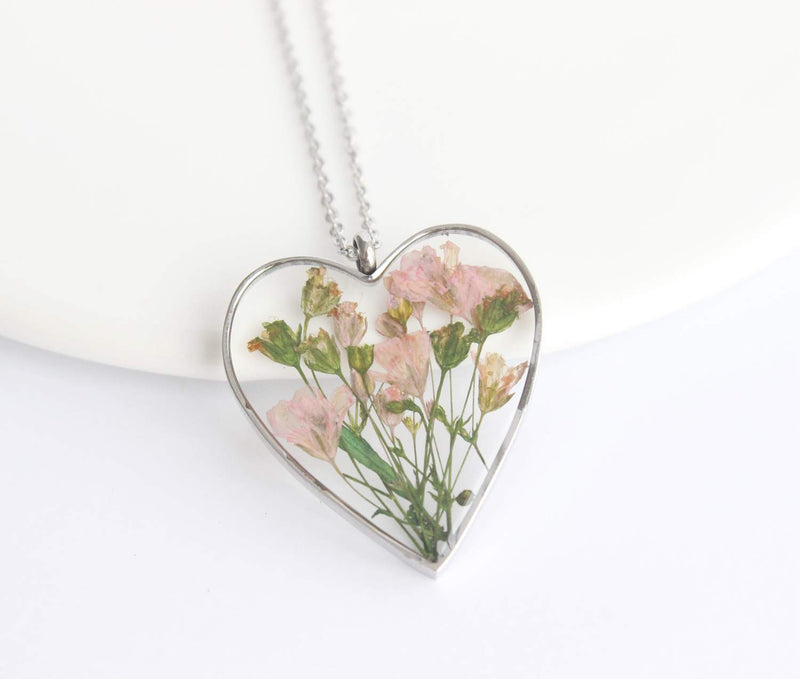 Heart Pressed Flower Pendant Necklace, Real Dried Flower Resin Jewellery