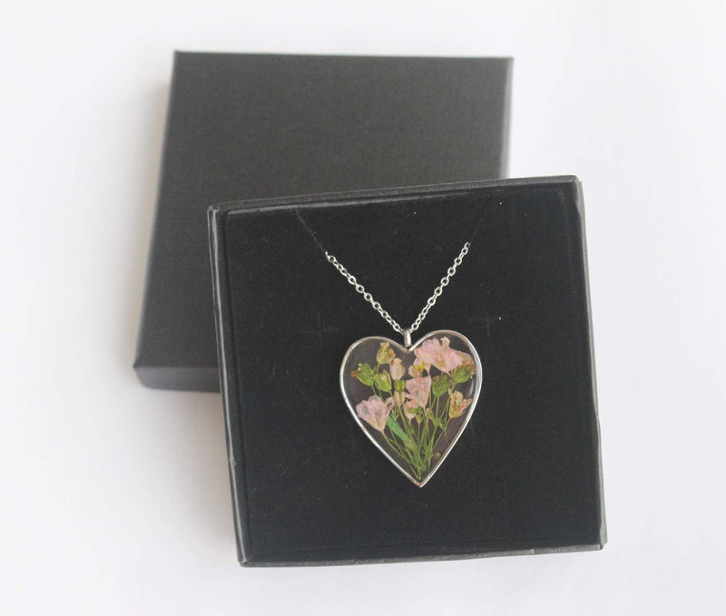 Heart Pressed Flower Pendant Necklace, Real Dried Flower Resin Jewellery