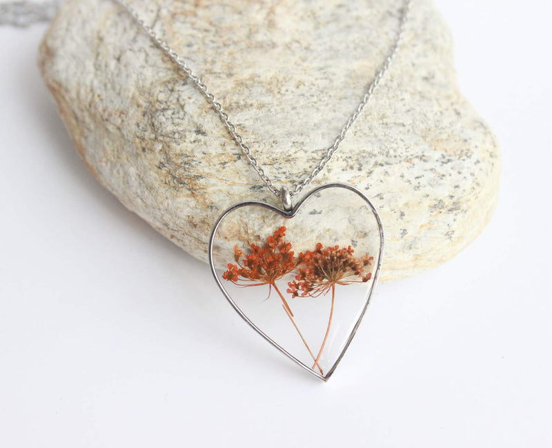 Heart Pressed Flower Pendant Necklace, Real Dried Flower Resin Jewellery