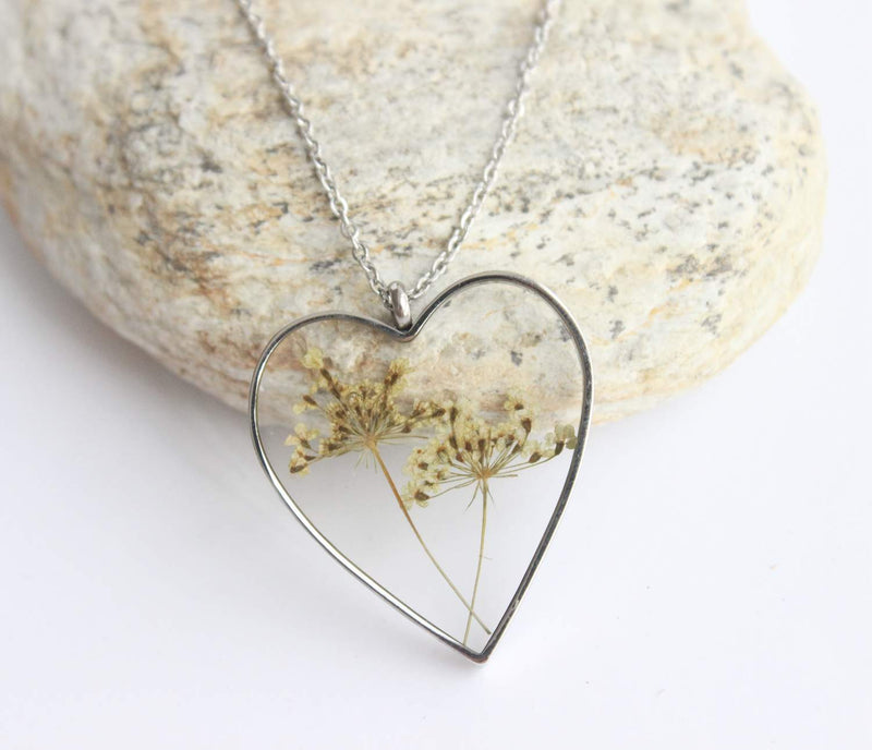 Heart Pressed Flower Pendant Necklace, Real Dried Flower Resin Jewellery