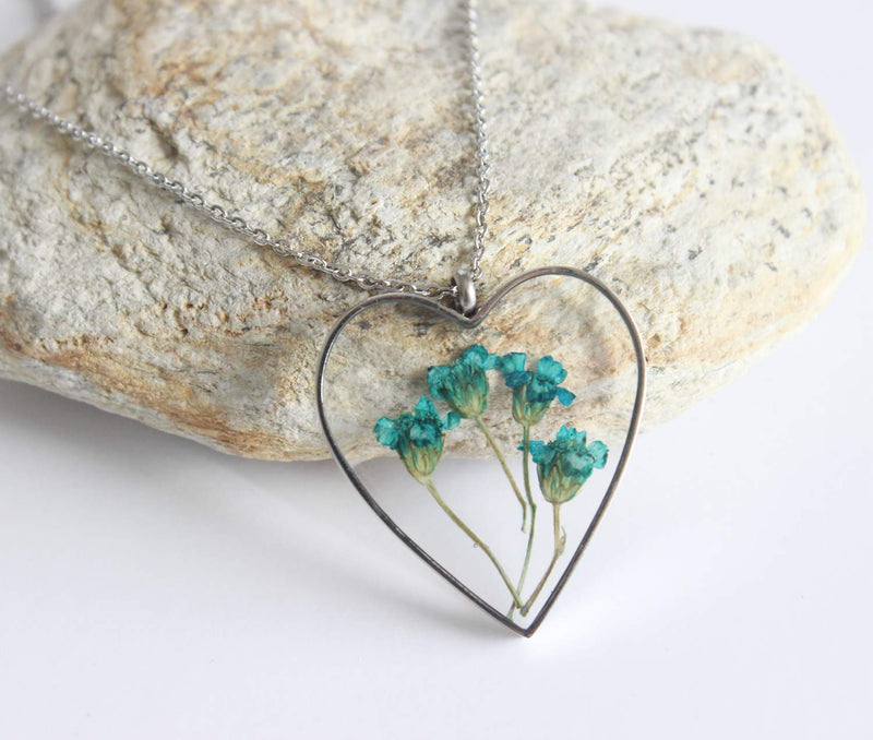 Heart Pressed Flower Pendant Necklace, Real Dried Flower Resin Jewellery