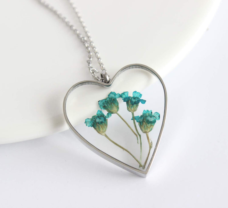 Heart Pressed Flower Pendant Necklace, Real Dried Flower Resin Jewellery