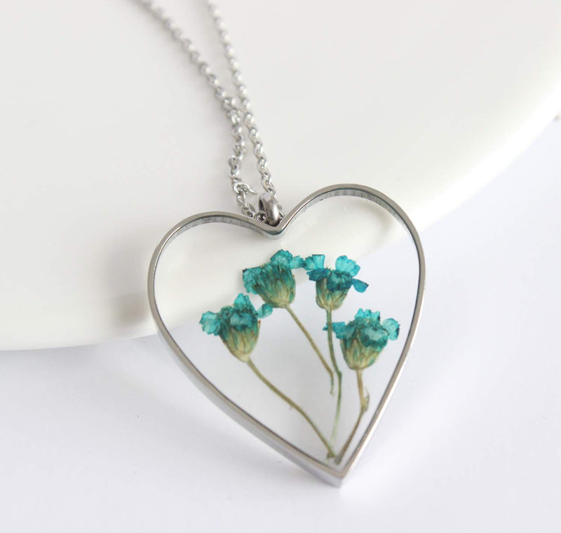 Heart Pressed Flower Pendant Necklace, Real Dried Flower Resin Jewellery