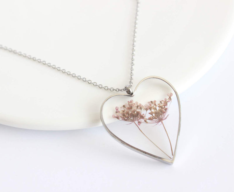 Heart Pressed Flower Pendant Necklace, Real Dried Flower Resin Jewellery