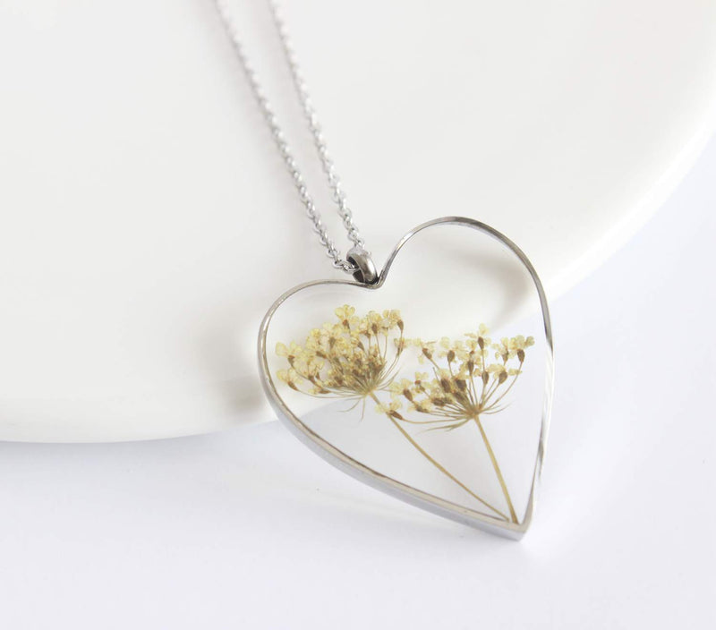 Heart Pressed Flower Pendant Necklace, Real Dried Flower Resin Jewellery