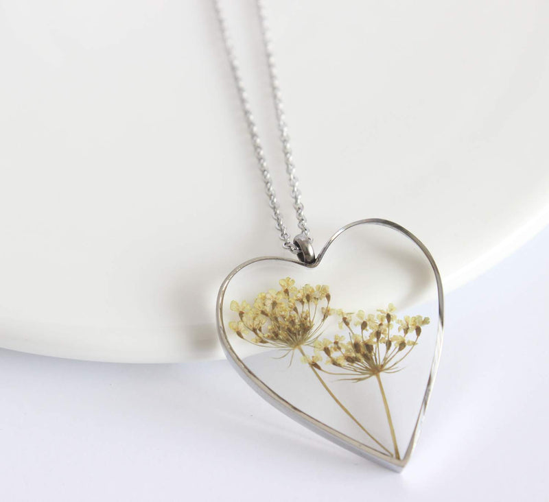 Heart Pressed Flower Pendant Necklace, Real Dried Flower Resin Jewellery