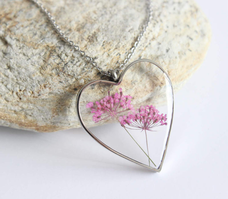 Heart Pressed Flower Pendant Necklace, Real Dried Flower Resin Jewellery