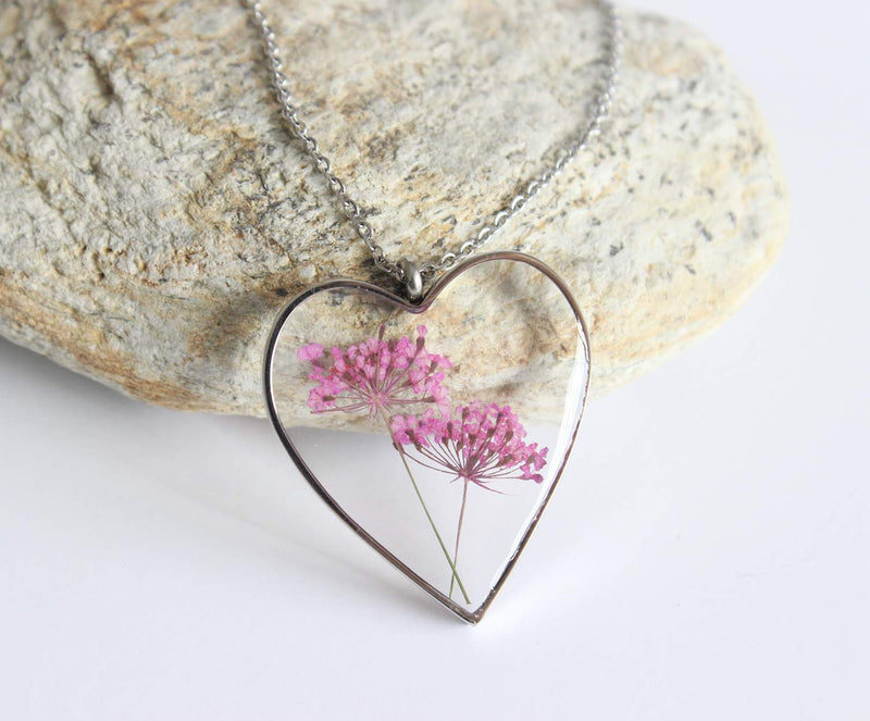 Heart Pressed Flower Pendant Necklace, Real Dried Flower Resin Jewellery