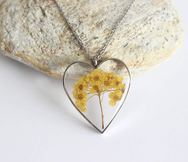 Heart Pressed Flower Pendant Necklace, Real Dried Flower Resin Jewellery