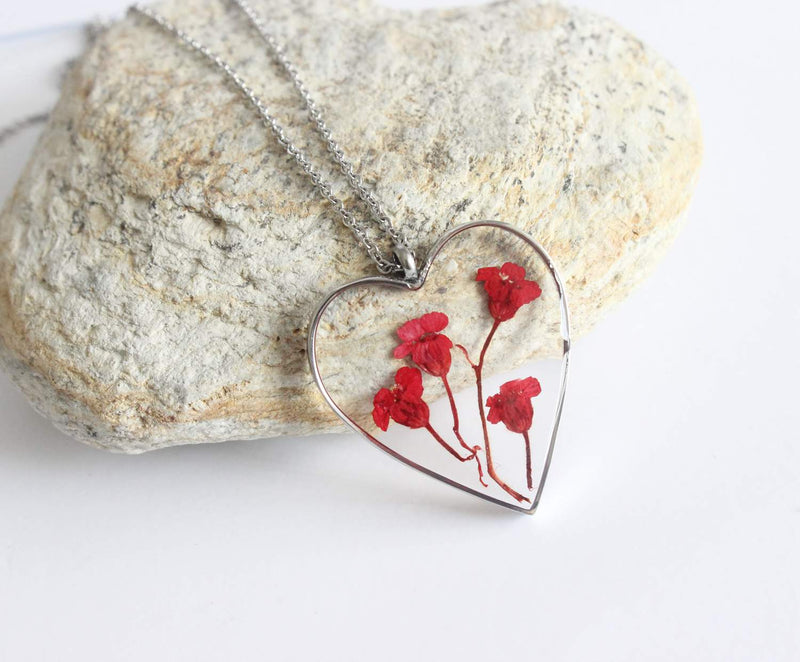 Heart Pressed Flower Pendant Necklace, Real Dried Flower Resin Jewellery