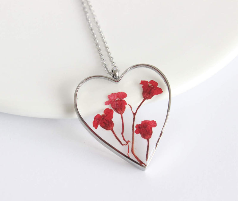 Heart Pressed Flower Pendant Necklace, Real Dried Flower Resin Jewellery