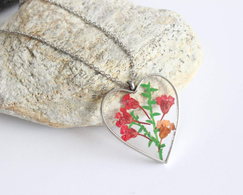 Heart Pressed Flower Pendant Necklace, Real Dried Flower Resin Jewellery