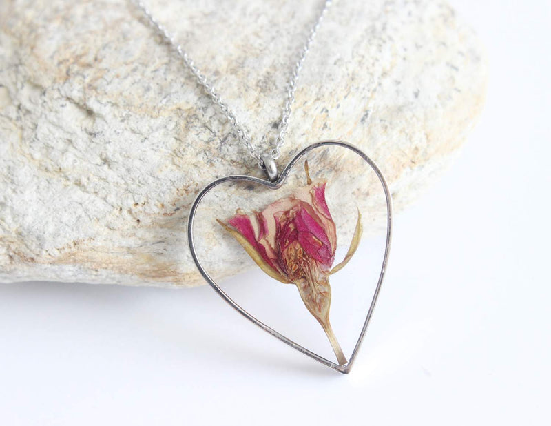 Heart Pressed Flower Pendant Necklace, Real Dried Flower Resin Jewellery