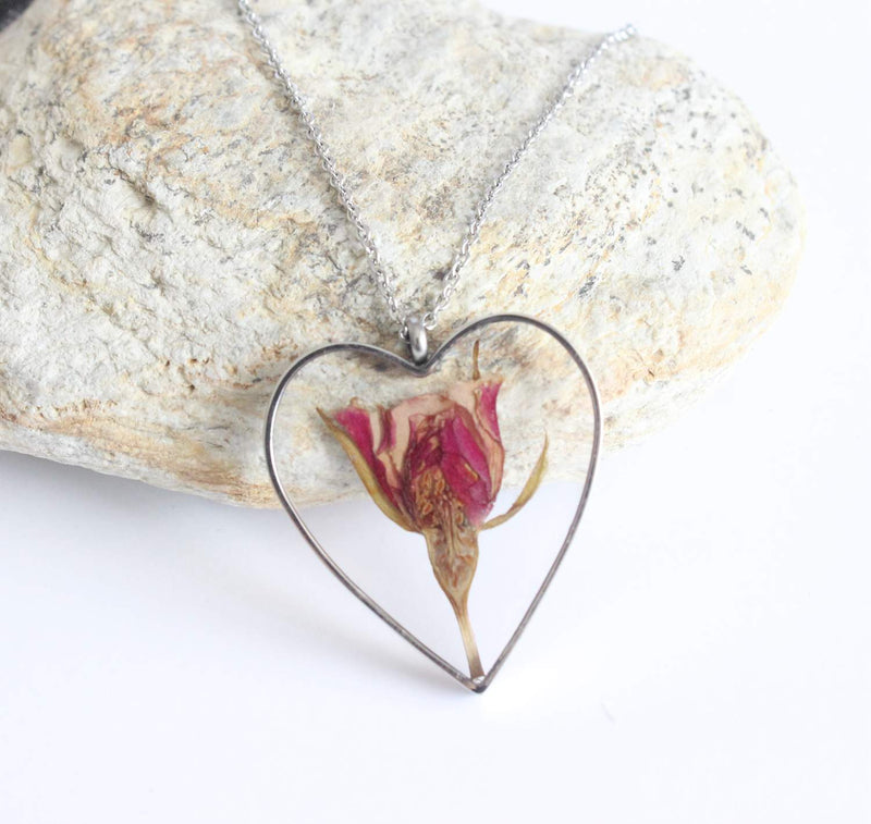 Heart Pressed Flower Pendant Necklace, Real Dried Flower Resin Jewellery