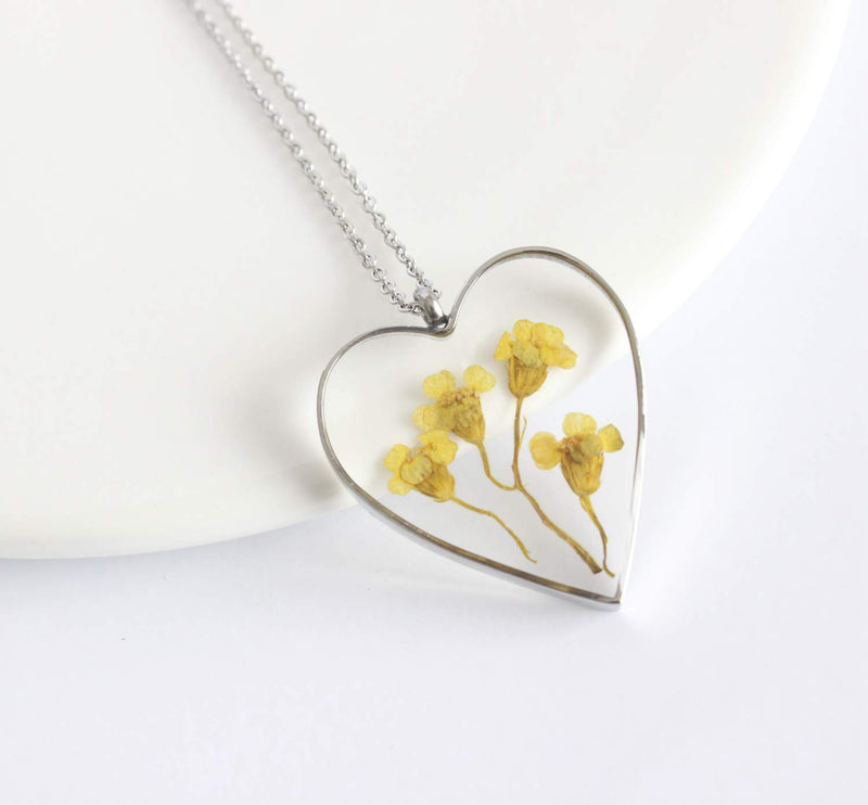 Heart Pressed Flower Pendant Necklace, Real Dried Flower Resin Jewellery