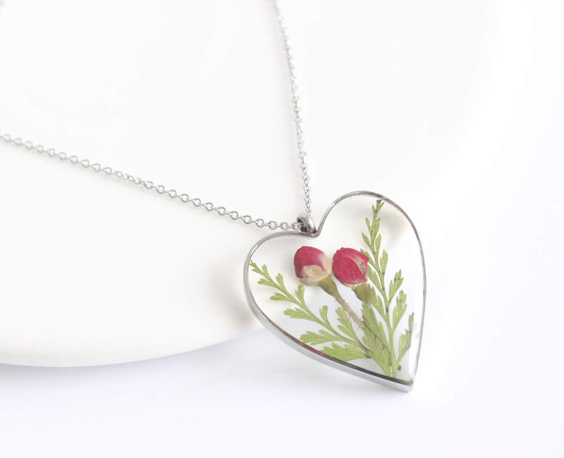 Heart Pressed Flower Pendant Necklace, Real Dried Flower Resin Jewellery