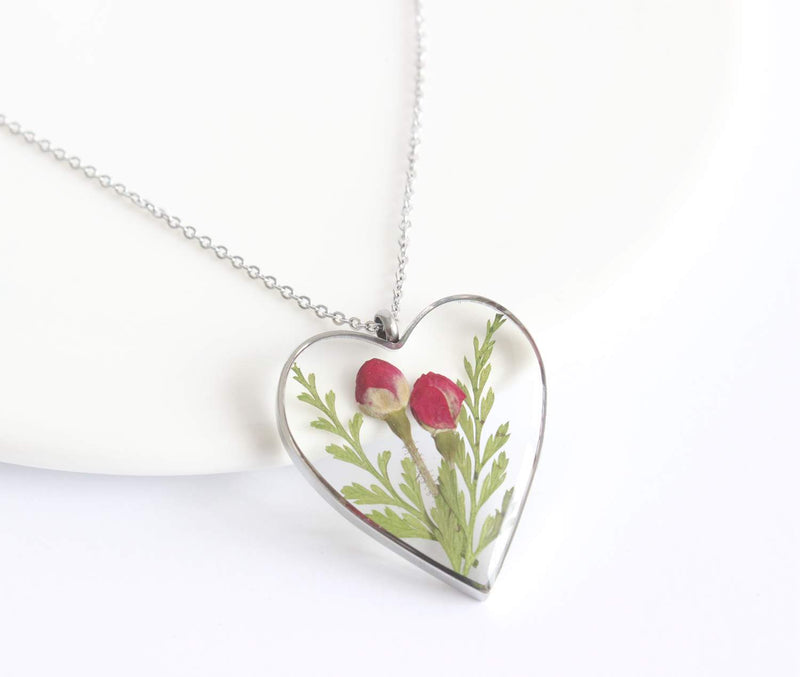 Heart Pressed Flower Pendant Necklace, Real Dried Flower Resin Jewellery