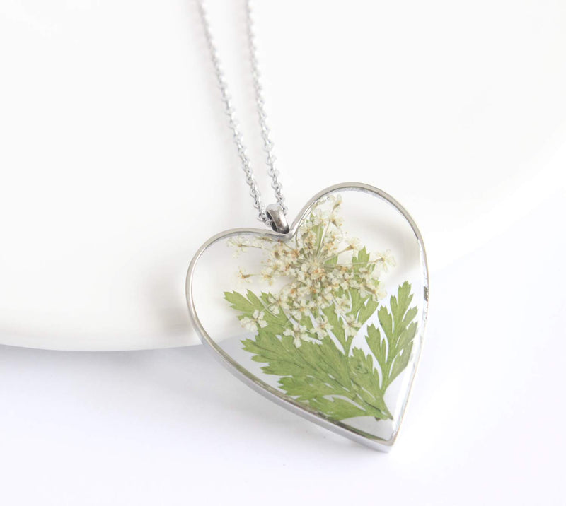 Heart Pressed Flower Pendant Necklace, Real Dried Flower Resin Jewellery