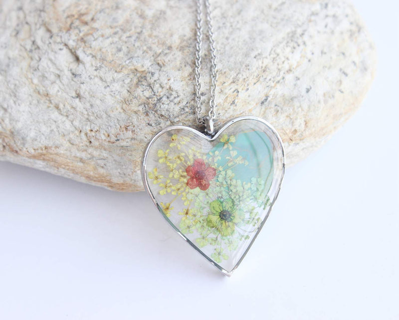 Heart Pressed Flower Pendant Necklace, Real Dried Flower Resin Jewellery