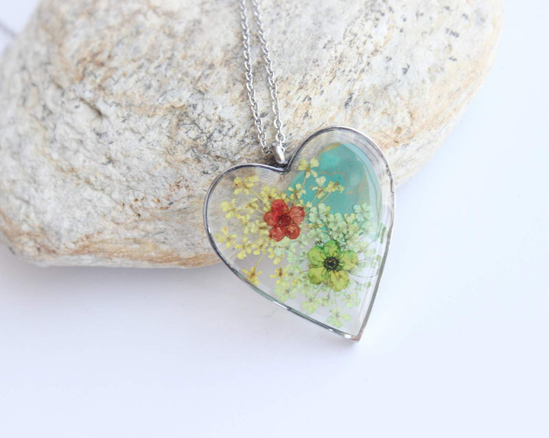 Heart Pressed Flower Pendant Necklace, Real Dried Flower Resin Jewellery