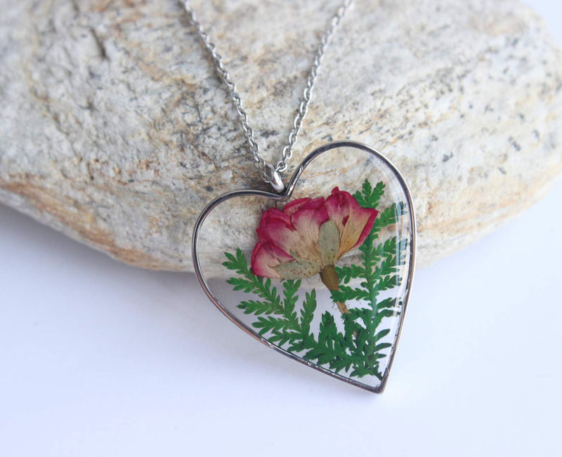 Heart Pressed Flower Pendant Necklace, Real Dried Flower Resin Jewellery