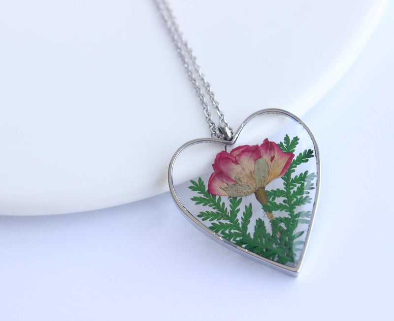 Heart Pressed Flower Pendant Necklace, Real Dried Flower Resin Jewellery