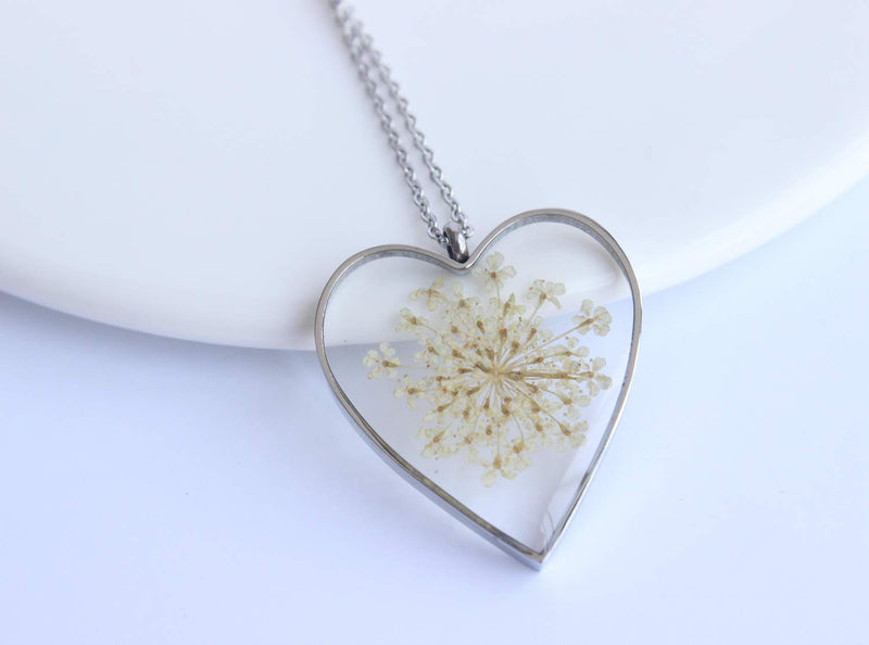 Heart Pressed Flower Pendant Necklace, Real Dried Flower Resin Jewellery