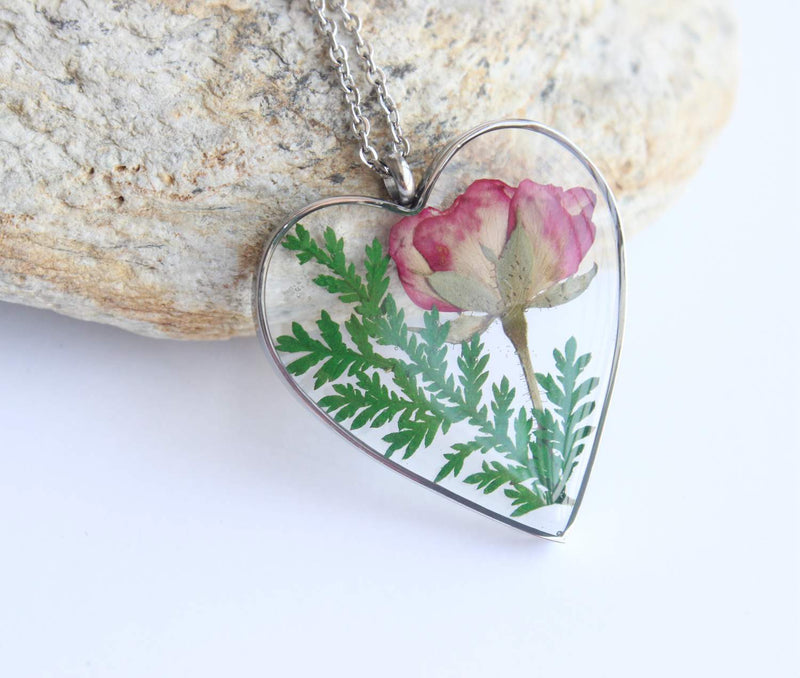 Heart Pressed Flower Pendant Necklace, Real Dried Flower Resin Jewellery