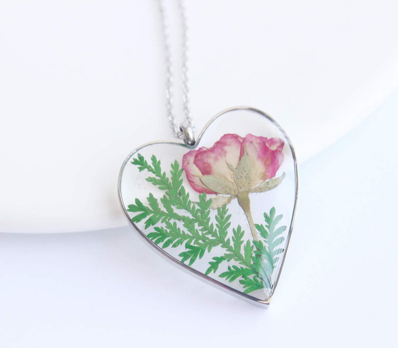 Heart Pressed Flower Pendant Necklace, Real Dried Flower Resin Jewellery